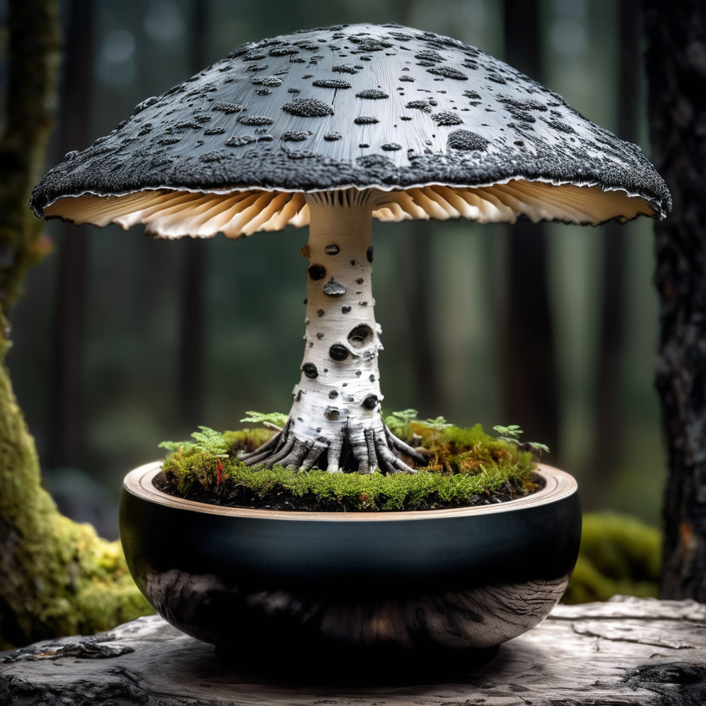 mysterious translucent transparent glass mushroom mixed with birch tree in slimy black bonsai pot, intricate and hyperdetailed raw photography by  Lee Jeffries, Joe Fenton, Andree Wallin, Killian eng, Sung Choi, album cover art, amazing depth, perfect ratio, hdr, perfect balanced styles, magical, intense back light, stunning soft smoke, impressive masterwork by head of prompt engineering