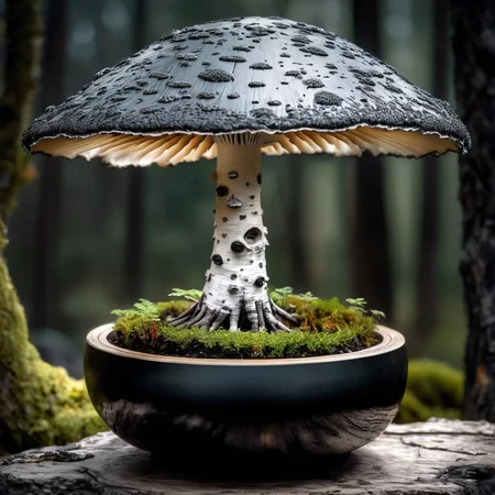 mysterious translucent transparent glass mushroom mixed with birch tree in slimy black bonsai pot, intricate and hyperdetailed raw photography by Lee Jeffries, Joe Fenton, Andree Wallin, Killian eng, Sung Choi, album cover art, amazing depth, perfect ratio, hdr, perfect balanced styles, magical, intense back light, stunning soft smoke, impressive masterwork by head of prompt engineering