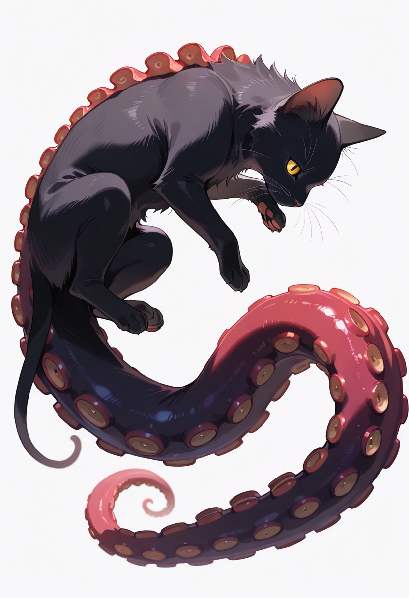 (masterpiece, best quality, high quality, highres), very awa, highres, absurdres,
 (no humans:1.1), (solo:1.2), full body,
(black cat:0.6), (octopus:0.7), (fluffy:0.4), (tentacles:0.7), (multiple limbs:0.7), paws,
simple white background,