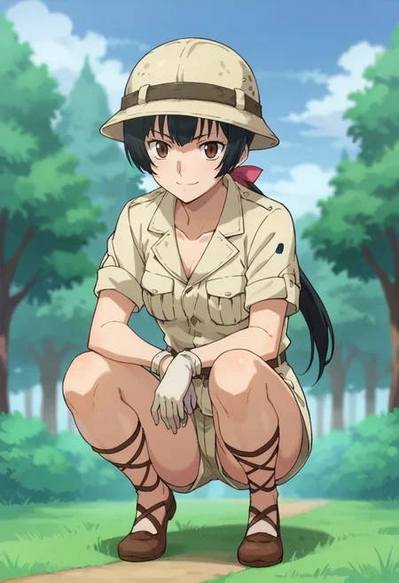 score_9,score_8_up,score_7_up,anime coloring BREAK source_anime,anime,<lora:Wang_Liu_Mei_Gundam_00_Pony:0.7>,liumei,1girl,solo,brown eyes,black hair,ponytail,pith helmet,safari outfit,white gloves,shorts,ankle lace-up,smirk,squatting,outdoors,