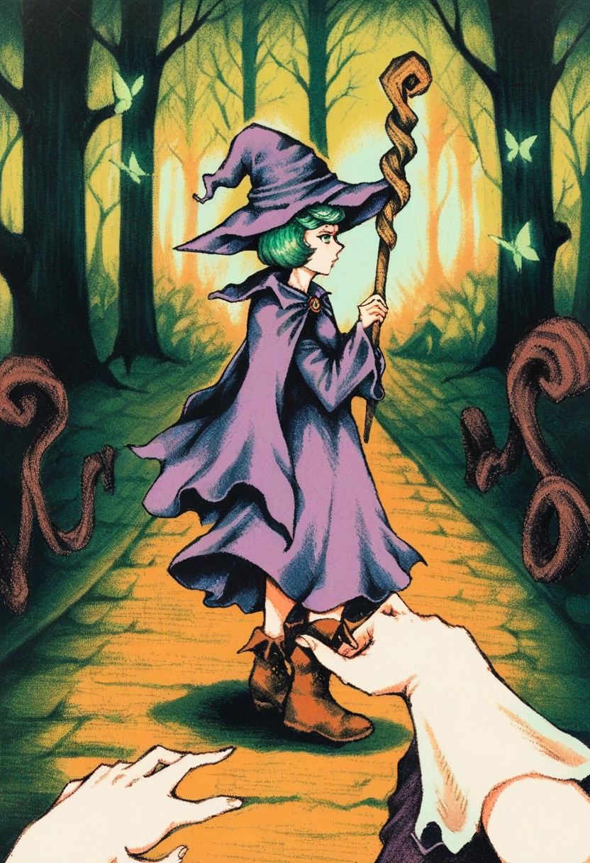 score_7, score_6_up, score_5_up, source_anime <lora:VermisStylePony:1> <lora:ShierkePdxlDwnsty:1> vermis style, solo, Shierkee, green hair, short hair, witch hat, staff, cape, dress, robe, long sleeves, boots, brown footwear, brooch, holding staff, creepy forest, dark forest, ghostly butterfly, walking along a winding pathway, pov from the side, sideview
