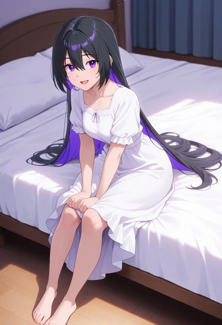masterpiece,best quality,amazing quality, tinasha, black hair, long hair, purple hair, colored inner hair, purple eyes, 1girl, solo, dress, barefoot, sitting, white dress, pillow, looking at viewer, smile, short sleeves, hair between eyes, very long hair, bed, open mouth
