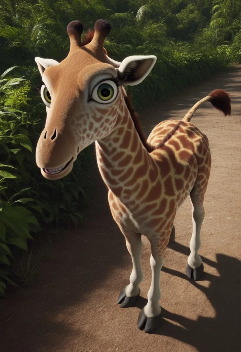 bridget (the wild), 1girl, female giraffe, feral, two-toned fur, cream fur, orange spots, green eyes, eyelashes, long neck, long legs, score_9_up, score_8_up, score_7_up, looking at viewer, teeth, smirk, from above, ultra detailed, detailed background, jungle background, realistic, 3d, full body, full shot, no clothes