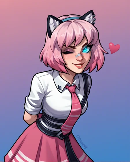 score_9, score_8_up, score_7_up, score_6_up, score_5_up, score_4_up,
BREAK
studyhall_maeve, studyhall maeve outfit, bandaid on nose, pink gloves, face shot, dynamic angle, beautiful, smirk, wink, floating heart, hands behind back, leaning forward, glowing blue eyes, gradient hair
BREAK
gradient background, <lora:SchoolMaeve2:0.8>