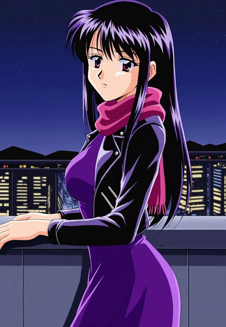 solo, 1girl, female, Long hair, black hair with purple shadows, exposed ears, apathetic and tired look, purple dress, open black leather jacket, scarf,r, Leaning on the balcony, starry night, city in the background, slightly blurred background, side angle, RetroPC98Style, on side view, looking sky