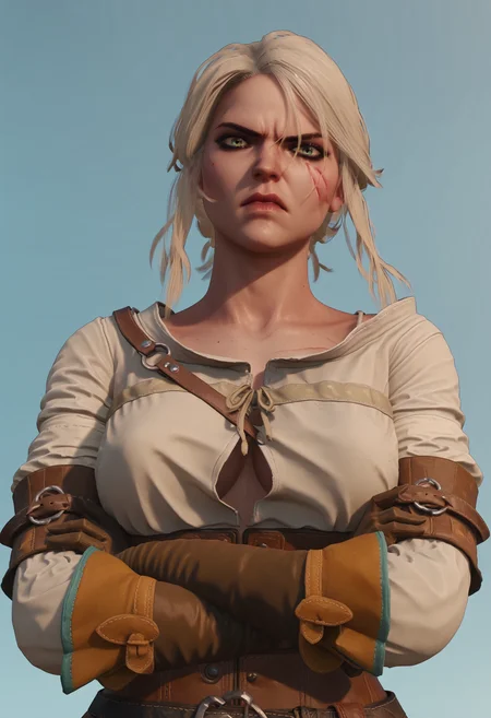 score_9, score_8_up, score_7_up, score_6_up, score_5_up, score_4_up, 1girl, <lora:CiriW3:0.85> , solo, large breasts, white hair, scar, shirt, gloves, white shirt, standing, upper body, angry, view from below, arms crossed, looking at viewer,
light blue background, simple background, 3d, render,