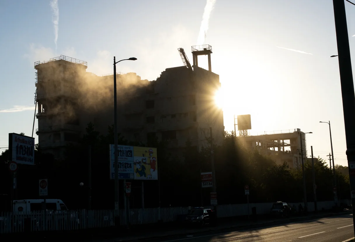 Silhouette of a partially demolished building in the foreground, illuminated by the golden glow of the setting sun. The structure is surrounded by a haze of dust, with beams of sunlight piercing through. Visible cranes and machinery contribute to the industrial scene. The street below shows a billboard, an ambulance, and a few scattered vehicles. The sky is clear with faint contrails. Wide angle lens, underexposed, professional quality.,