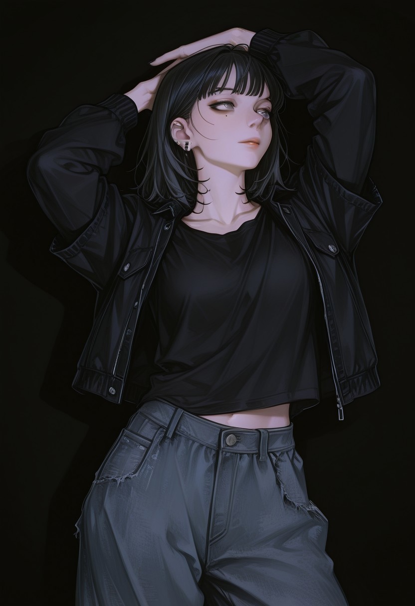 photo of a woman, 1girl, solo, anime-art, Art8st, color theory, hyperdetailed, semi-realistic, semi-realism, darkness, dark background, battle pose, seductive,  solo, female focus, Mitsuki Koga, Mit_Rock, 1girl, solo, curvy, black hair, bangs, piercing, ear piercing, grey eyes, mascara, mole, mole under eyes, jacket, black t-shirt, black nails, baggy jeans,