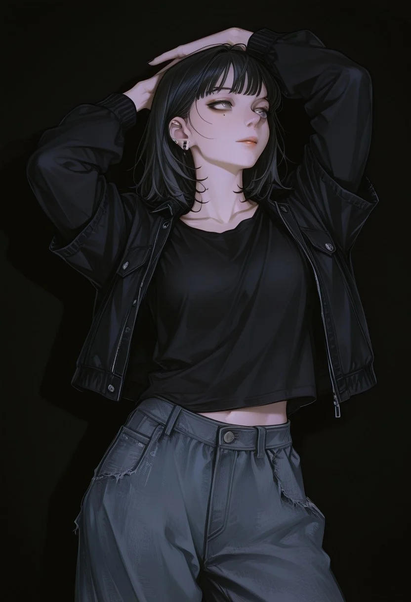 photo of a woman, 1girl, solo, anime-art, Art8st, color theory, hyperdetailed, semi-realistic, semi-realism, darkness, dark background, battle pose, seductive, solo, female focus, Mitsuki Koga, Mit_Rock, 1girl, solo, curvy, black hair, bangs, piercing, ear piercing, grey eyes, mascara, mole, mole under eyes, jacket, black t-shirt, black nails, baggy jeans,