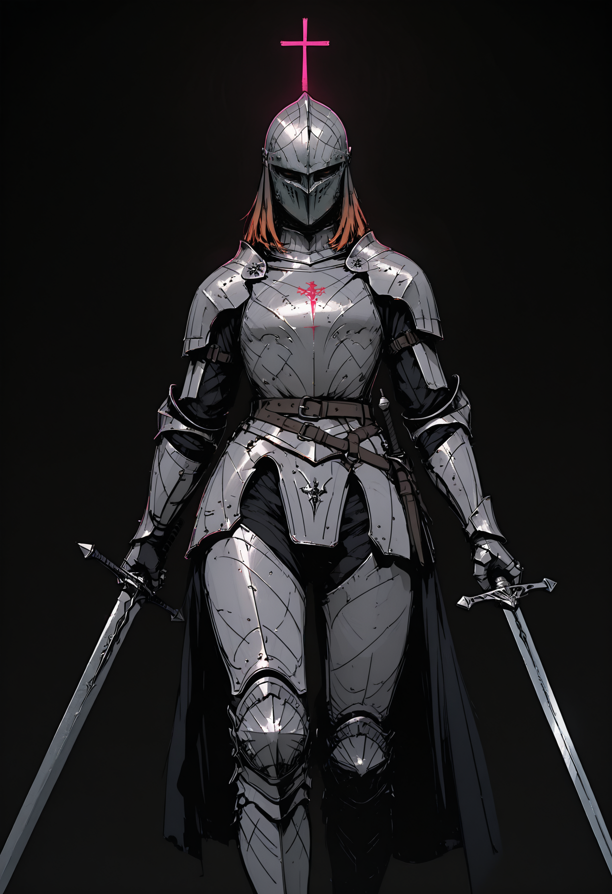 adult,
1woman,
masterpiece, newest,absurdres,incredibly absurdres, best quality, amazing quality, very aesthetic,
masterpiece,dutch angle, long view shot, 1boy,1 weapon,knight, helmet, armor, medieval , detailed, very awa,(fisheye1.2), aesthetic,neon_silhouette_style, silhouette, monochrome, sketch, illustration,simple background,black background,
 <lora:GTHAN2:0.8> <lora:DRKWB:0.3> DRKWB <lora:Sinozick_style:0.4> Sinozick_illu,gradient,spot color