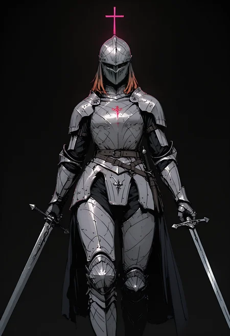 adult,
1woman,
masterpiece, newest,absurdres,incredibly absurdres, best quality, amazing quality, very aesthetic,
masterpiece,dutch angle, long view shot, 1boy,1 weapon,knight, helmet, armor, medieval , detailed, very awa,(fisheye1.2), aesthetic,neon_silhouette_style, silhouette, monochrome, sketch, illustration,simple background,black background,
 <lora:GTHAN2:0.8> <lora:DRKWB:0.3> DRKWB <lora:Sinozick_style:0.4> Sinozick_illu,gradient,spot color
