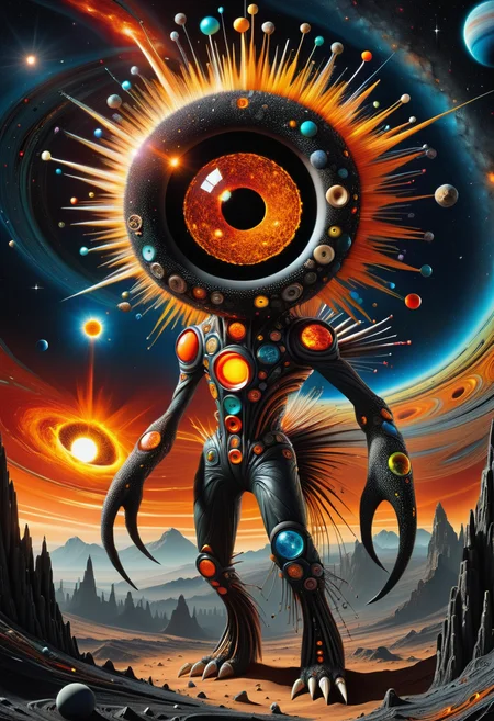 hyper detailed masterpiece, dynamic, awesome quality,DonMN33dl3P1ll0wXL black hole, extraterrestrial, perihelion, solar flare <lora:DonMN33dl3P1ll0wXL:1>