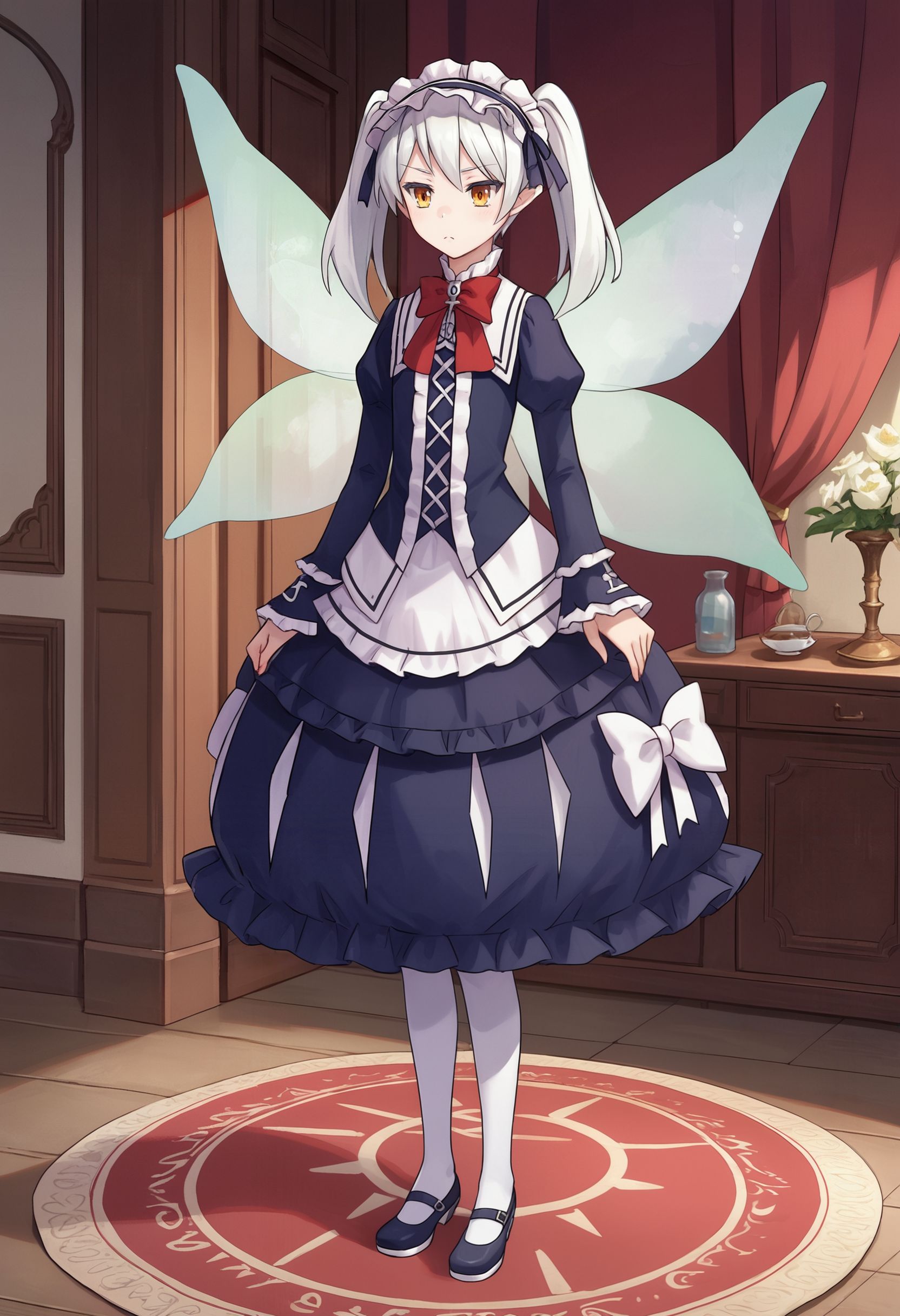 zPDXL, source_anime,
iwsleen, twintails, flat chest,  white hair, fairy wings, red bowtie, 
standing, full body, 
indoors,
<lora:leen-pony3-005:0.6>
