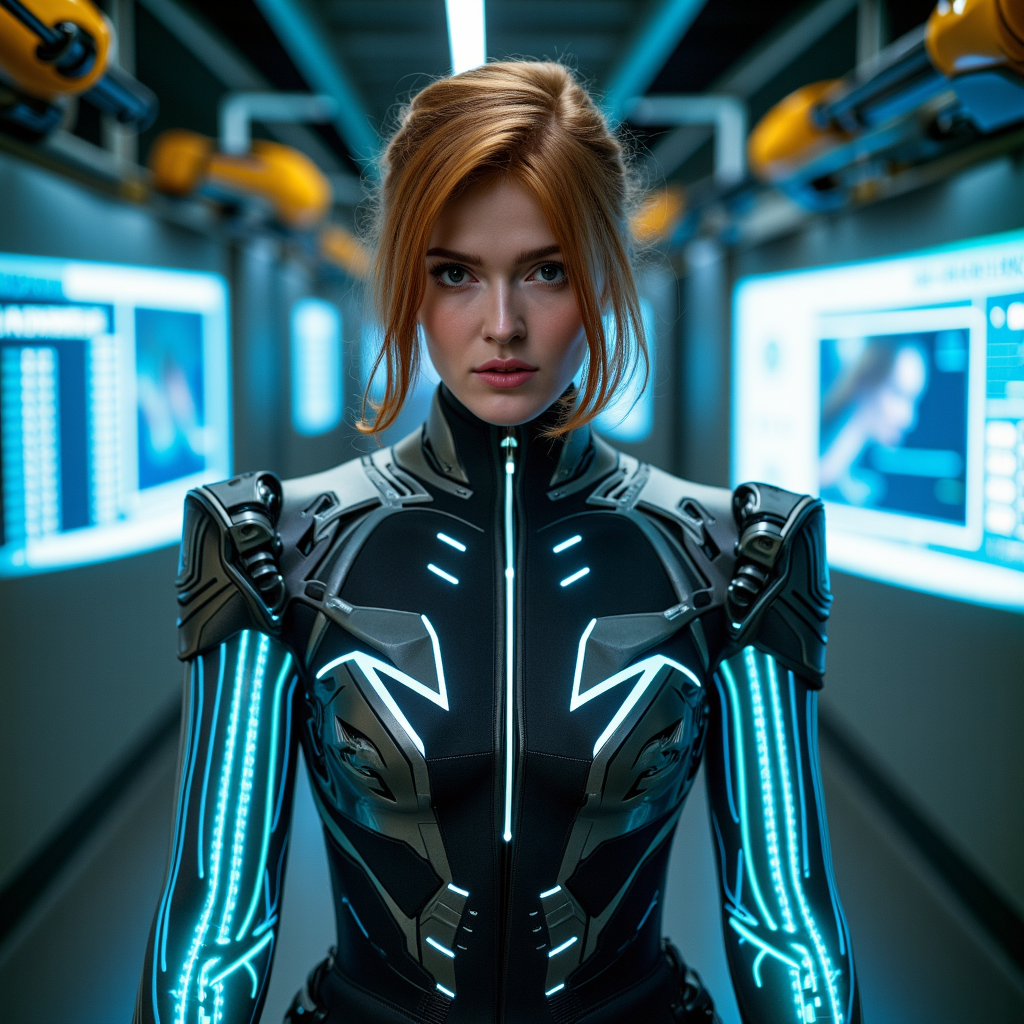 biomechanical cyberpunk biomechanical style ultra quality, cinematic, looking at viewer, dynamic posing, heroic pose, A futuristic woman in a newly-upgraded battle suit, standing in a high-tech lab filled with holographic displays and robotic arms. The suit is a blend of metal and fabric, with luminous circuitry tracing her limbs. Her gaze is determined, eyes glowing faintly with augmented vision. Analog camera shot with a soft, cinematic depth of field, capturing fine details in her suit's construction. Cool-toned lighting with subtle reflections on the metallic surfaces.  <lora:jialissa-ultimatev2:1> . blend of organic and mechanical elements, futuristic, cybernetic, detailed, intricate . cybernetics, human-machine fusion, dystopian, organic meets artificial, dark, intricate, highly detailed