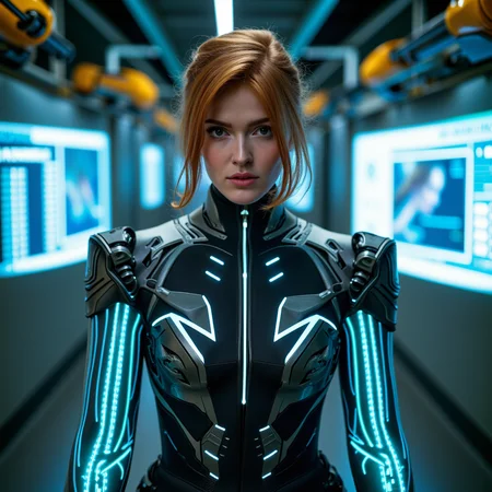 biomechanical cyberpunk biomechanical style ultra quality, cinematic, looking at viewer, dynamic posing, heroic pose, A futuristic woman in a newly-upgraded battle suit, standing in a high-tech lab filled with holographic displays and robotic arms. The suit is a blend of metal and fabric, with luminous circuitry tracing her limbs. Her gaze is determined, eyes glowing faintly with augmented vision. Analog camera shot with a soft, cinematic depth of field, capturing fine details in her suit's construction. Cool-toned lighting with subtle reflections on the metallic surfaces. <lora:jialissa-ultimatev2:1> . blend of organic and mechanical elements, futuristic, cybernetic, detailed, intricate . cybernetics, human-machine fusion, dystopian, organic meets artificial, dark, intricate, highly detailed