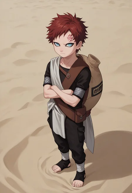 score_9, score_8_up, score_7_up, highly detailed, cute boy, 1boy, solo, young, Gaara, Red Hair, Pale Blue Eyes, Facial Mark , Black Short sleeve shirt, White Cloth Sash, white cloth loincloth, leather strap, gourd, black pants, toeless footwear, arms crossed, sand