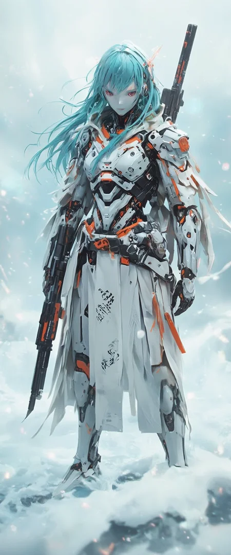 anime art style,cyberpunk, A sesquipedalian depiction of a solitary female cyborg, ensconced in an exoskeletal carapace of pearlescent white and tangerine, stands against a cerulean expanse. Rendered in a hyperrealistic style, the composition is a medium shot, captured from a low angle, imbuing the subject with an air of formidable puissance. Her cerulean tresses, like silken filaments, cascade around her, posing with the angularity of her mechanized form. The meticulous detail extends to the patina of wear on her armor, hinting at battles fought and victories won. The emphasis should be placed on the intricate network of mechanical sinews and pneumatic actuators that articulate her every move. Her gloved hand grip hard really heavy gun,  assalut rifle made from black shiny steel. The background is a blurred tableau of an arctic tundra, the ethereal luminescence suggesting a nascent dawn or the ghostly aurora borealis.