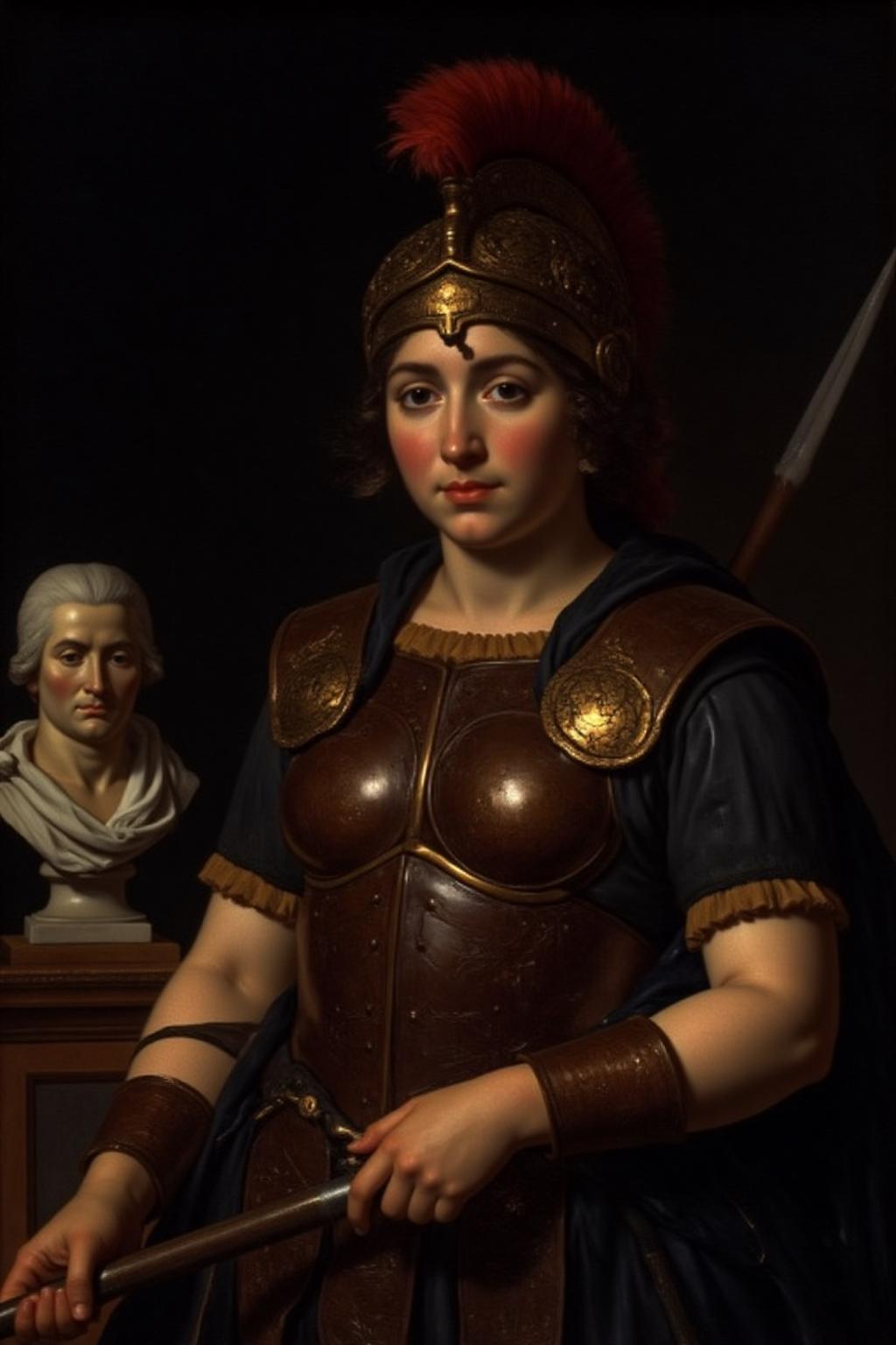 jldavid1 painting.
A detailed, dark oil painting, likely created in the Baroque style, characterized by dramatic lighting and rich, deep colors. Close up of a female warrior, a young woman with a serene and focused expression. She is dressed in ornate, ancient Roman-style armor, which includes a gleaming, ornate helmet adorned with intricate details and a striking red plume. The helmet's surface reflects light, giving it a shiny, metallic appearance. Her armor is detailed with intricate, swirling patterns and a rich, dark brown color, suggesting a combination of leather and metal. She holds a long spear in her right hand, which she clutches with a firm grip, indicating readiness or vigilance. To his left, on a pedestal, is a classical bust of a man with a serene expression, draped in a white cloth.  <lora:jldavid1_cap_d6a3:1.0><lora:815834870724025381:0>