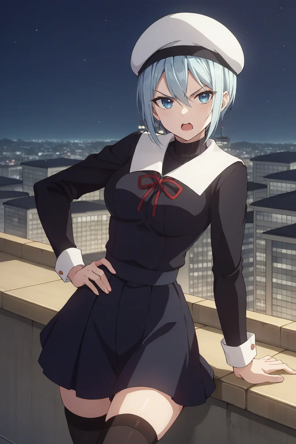 score_9, score_8_up, score_7_up, source_anime, 1girl, prefect lighting, very aesthetic, intricate details, highly detailed background, masterpiece, high quality, prefect hands, best quality, solo,
<lora:Momo_Ryuju_Kaguya-sama_Love_Is_War_V1:.85>, KJOmomo, light blue hair, blue eyes, short hair, sidelocks, hair between eyes,
Black school uniform, thighhighs, white beret,
angry, hand on own hip, head tilt, open mouth,
night, rooftop, cityscape,
(Beautiful, medium Breasts:1.2), natural breasts,