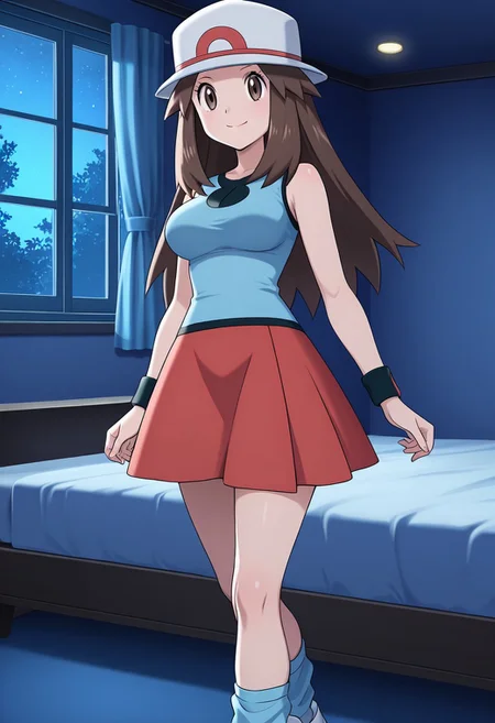 masterpiece, quality,worst, anime screencap,8k,4K, leaf (pokemon),1girl,solo,brown eyes, brown hair, long hair, long hair, hat, blue shirt, sleeveless, wristband, red skirt, blue socks, white footwear,,large breasts,smile, closed mouth,Interior, room, bed, dark room, window, night light,cowboy shot,lower body,