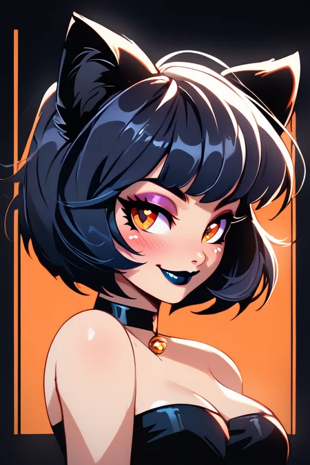 score_9, score_8_up, score_8, medium breasts, (curvy), cute, eyelashes, BREAK, , BREAK, black background, 1girl, solo, looking at viewer, short hair, black hair, crop top, cat ears, busty, animal ears, sleeveless, strapless, orange eyes, upper body, makeup, choker, lipstick, eyeshadow, orange background, black lips, <lora:KuroCAT_Style:1.0>,, <lora:Konpeto_PDXL_v3:1.0>, , BREAK, smile, looking at viewer, cowboy shot, embedding:zPDXL, Expressiveh, <lora:SDXLFaeTastic2400:0.5>, <lora:Expressive_H-000001:0.4>,