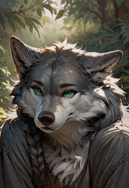 score_9, score_8_up, score_7_up, gray anthro female wolf, folded ears, frontview, green eyes, gray fur, gray twin braids, forrest, headrest