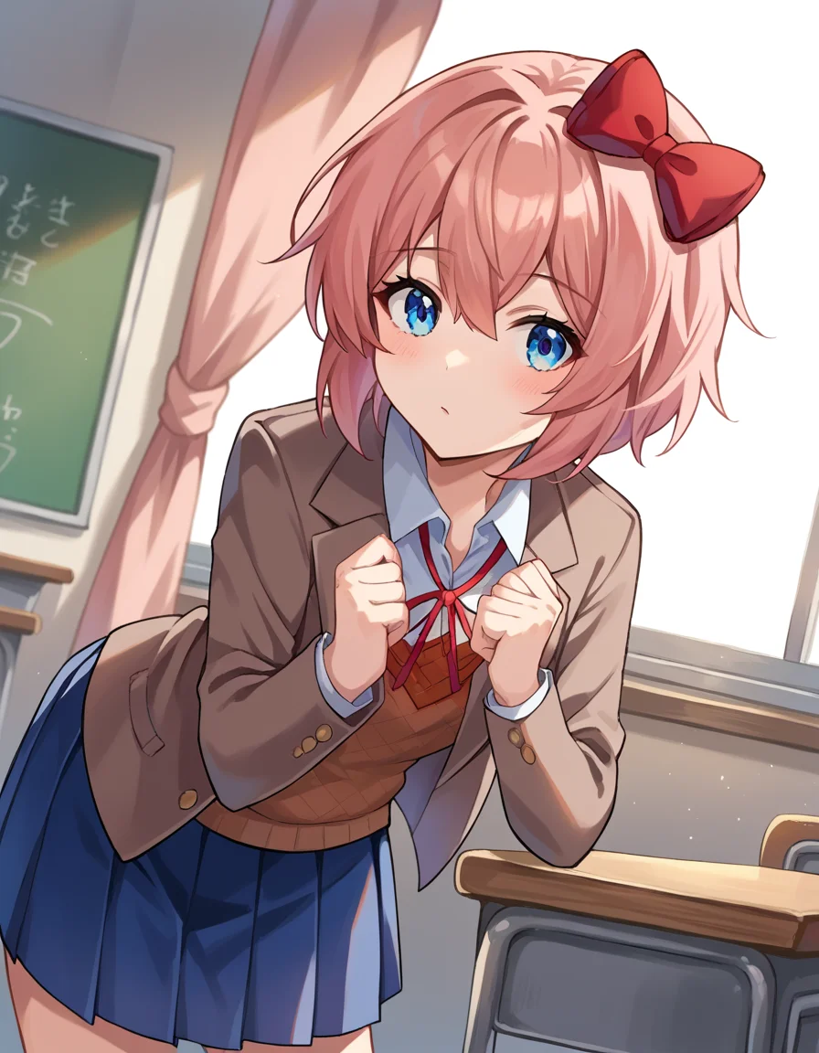 score_9, score_8_up, score_7_up, source_anime,
ddlcsayori, <lora:ddlc-sayori-ponyxl-lora-nochekaiser:1>
ddlcsayori, blue eyes, hair between eyes, hair bow, hair ornament, pink hair, red bow, short hair,
blue skirt, pleated skirt, school uniform, skirt, brown jacket, jacket,
indoors, classroom, bent over,
looking at viewer, dutch angle, cowboy shot,