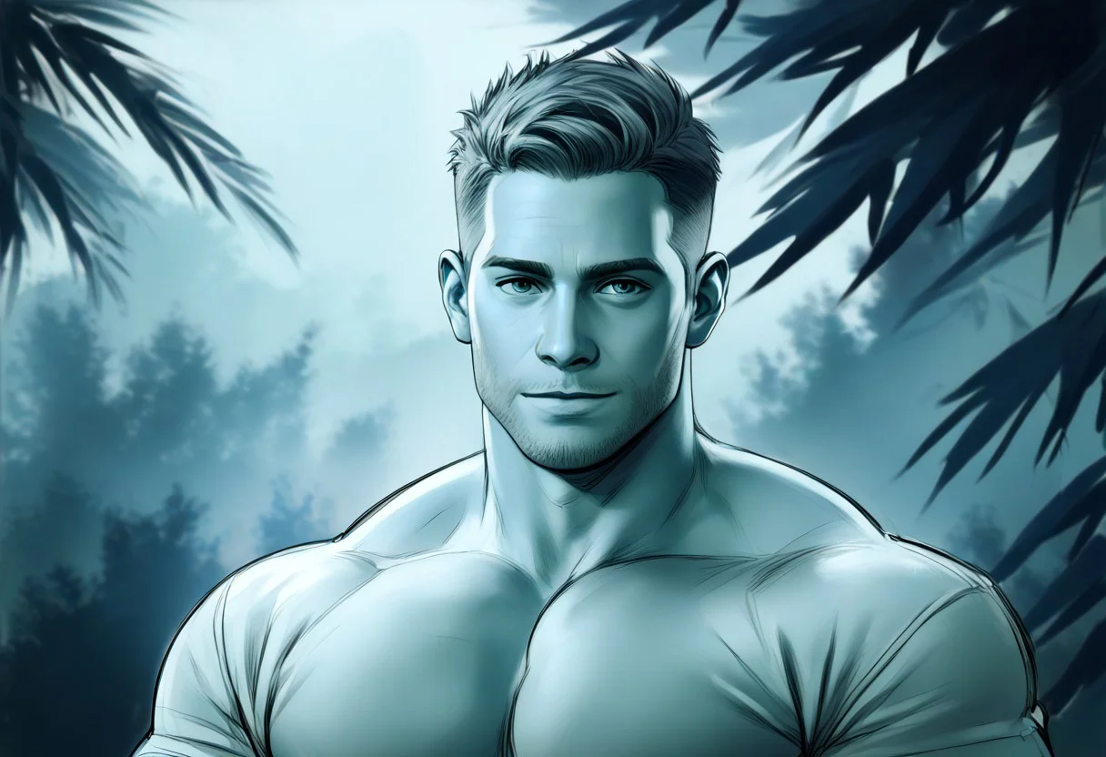 (((beautiful, high quality))), score_9, score_8_up, score_7_up, score_9, score_8_up, score_8, masterpiece, best quality, unrealistically high details, extremely high quality, ultra high detail, 4k absurd_res, hi_res, Expressiveh, easynegative, male, (solo:1.3), bara, masculine, in a forest setting, sketch, colorful, human face, confident,
