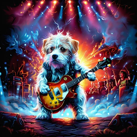 Hyperrealistic, crystal-clear portrait of a <lora:ZIP_SDXL:1> zip dog looking at the viewer Walking on stage playing his guitar <lora:1980s_Fantasy_Style_test_2:0.3> 1980s Fantasy Style, vivid color <lora:Rock_Concert:0.8> r0ckc0ncert, on stage, light show, smoke, band, instruments <lora:tbh160-sdxl:0.8> style of Dan Mumford ith super sharp details and vivid colors, intricate textures, and pristine clarity.