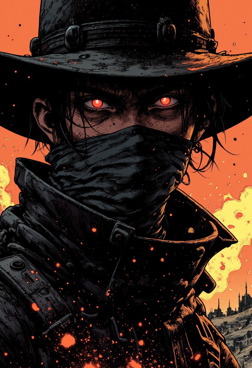nistyle, two tones bleaked manga sketch with deep blacka, A Closeup Portrait of a DARK outlaw cowboy, extreme Closeup of His Face - shrouded in mystery. He wears a, tattered high collar scarf that billows dramatically in the wind, creating a striking contrast against the rugged landscape. Hyperdetailed badass Closeup, hyperdetailed, deadly Gaze,