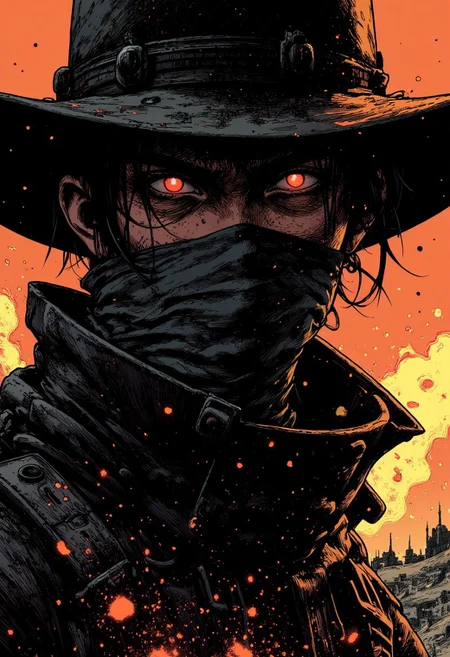 nistyle, two tones bleaked manga sketch with deep blacka, A Closeup Portrait of a DARK outlaw cowboy, extreme Closeup of His Face - shrouded in mystery. He wears a, tattered high collar scarf that billows dramatically in the wind, creating a striking contrast against the rugged landscape. Hyperdetailed badass Closeup, hyperdetailed, deadly Gaze,