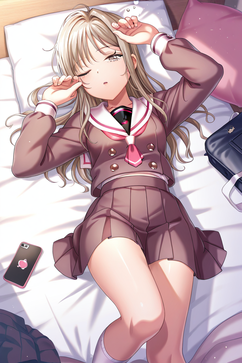 masterpiece, best quality, amazing quality,
 <lora:HayateV2_IL:1> hayate, 1girl, solo, skirt, school uniform, long hair, one eye closed, white socks, socks, sailor collar, lying, phone, white sailor collar, cellphone, long sleeves, on back, pleated skirt, pillow, sleepy, arisugawa school uniform