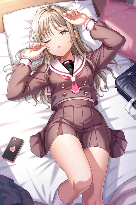 masterpiece, best quality, amazing quality,
 <lora:HayateV2_IL:1> hayate, 1girl, solo, skirt, school uniform, long hair, one eye closed, white socks, socks, sailor collar, lying, phone, white sailor collar, cellphone, long sleeves, on back, pleated skirt, pillow, sleepy, arisugawa school uniform