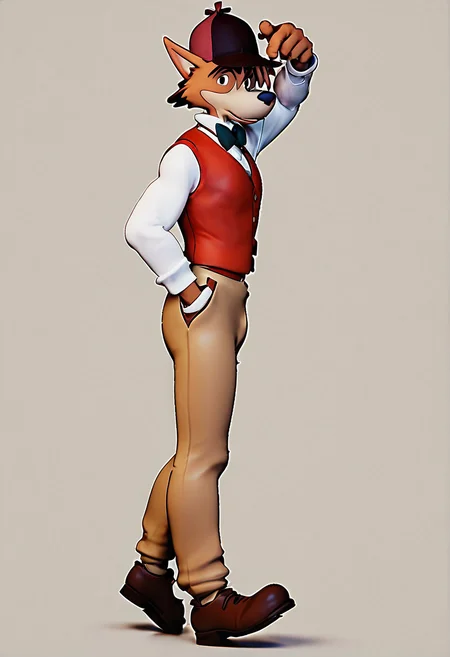 score_9, score_8_up, score_7_up, best quality, hires, male, sherlock hound, furry, 3d, character figure, white shirt, red vest, bowtie, hat, brown pants, messy hair, solo, full body, simple background, from side, looking at the viewer, <lora:Sherlock_Hound_Meitantei_Holmes:1>