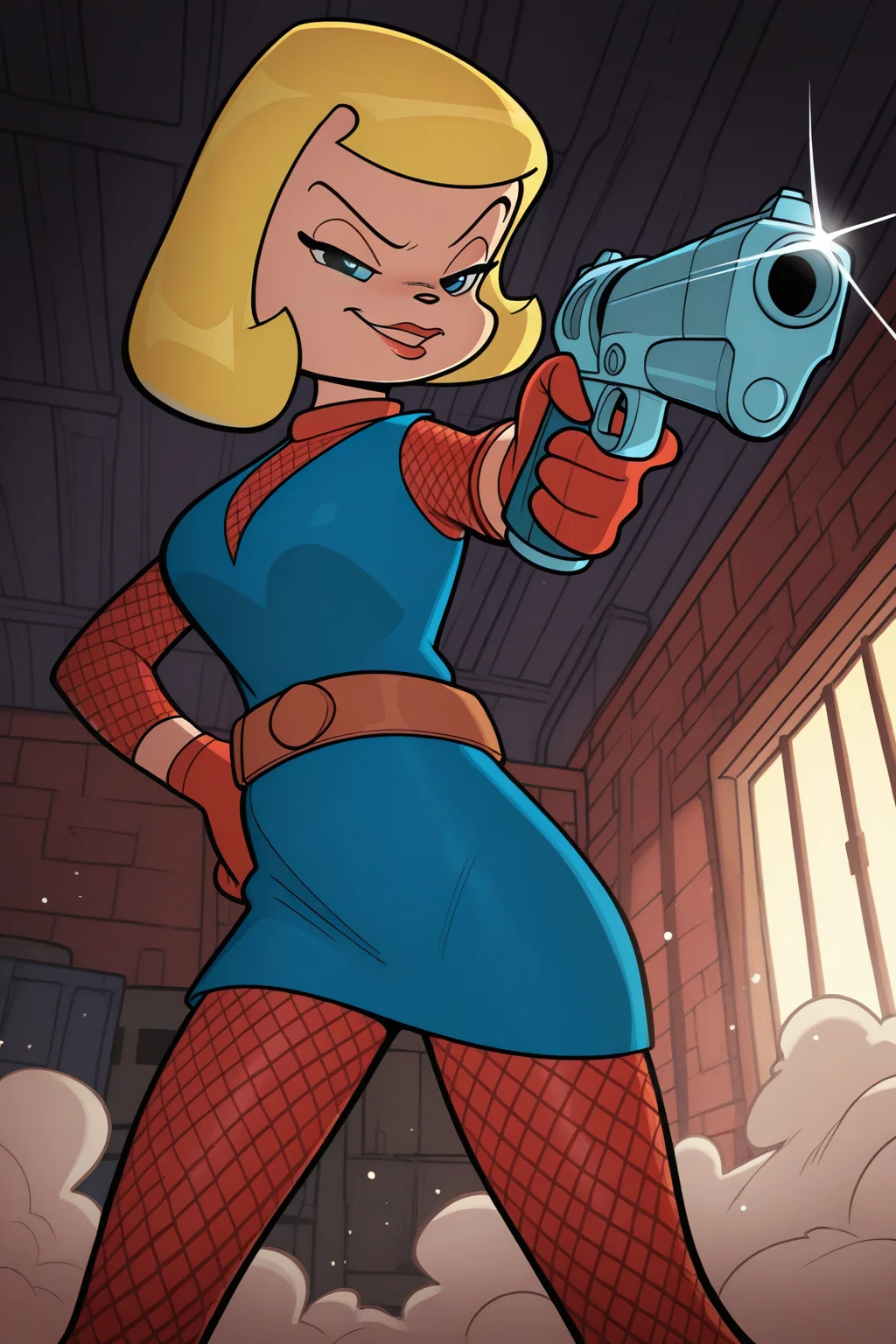 masterpiece, best quality, amazing quality, absurdres, solo, sirena seducy, blonde hair, blue eyes, half-closed eyes, smirk, holding gun, aiming at viewer, from below, hand on hip, smoking gun, blue dress, red fishnet gloves, brown belt, red fishnet pantyhose, outdoors, warehouse, boxes, shelfs, dark atmosphere, window, light rays, dust cloud, light particles, dust particles, moody lighting, harsh shadows, stylized