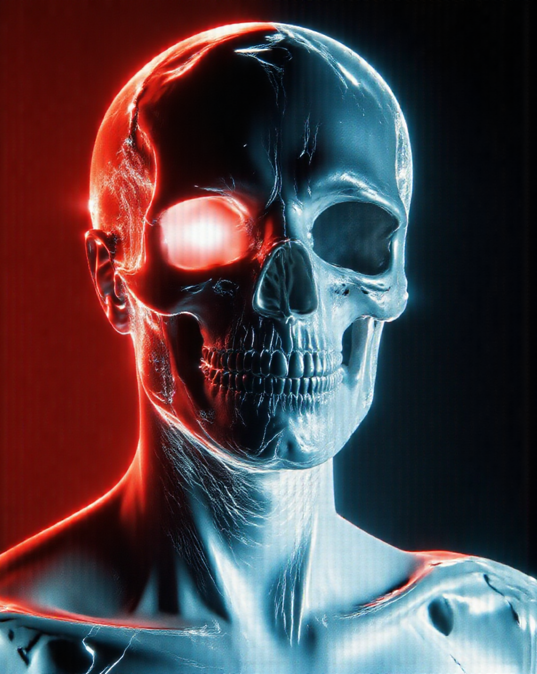 a close up of a skeleton with glowing eyes, red shift render, trending on artstaton, gradient light red, greg beeple, [ metal ], trending on artstattion, by Eamon Everall, by Andrew Stevovich, style of alexandre chaudret, simple chromatic xray, head and torso, 2029, evil glow, both fragile and powerful in its surreal elegance <lora:aidmaMJ6.1_v0.5_3:1> aidmamj6.1 <lora:fluxetherealfeel:1> <lora:flux-blurlora:1>,blurlora,ethfeel <lora:Hyper-FLUX.1-dev-8steps-lora:0.16>