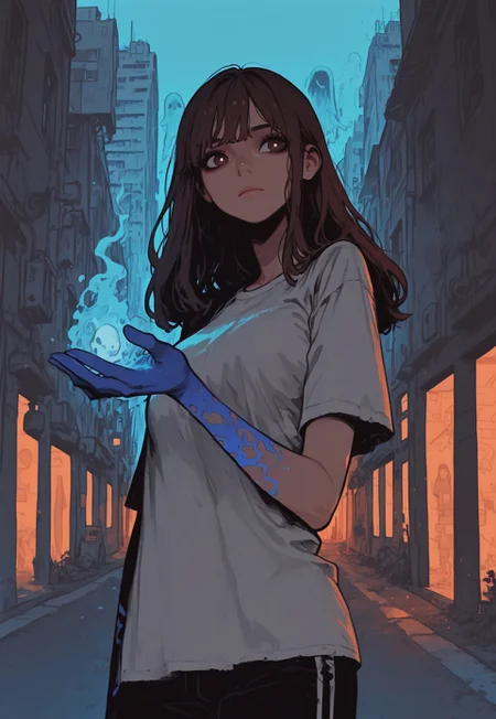 score_9, score_8_up, score_7_up, masterpiece, best quality, very aesthetic, 1girl, incoth, (incase:0.6), detailed face, (dynamic:1), stylized, illustration, r17329_illu, brown hair, brown eyes, white pupils, long hair, t-shirt, glowing female hand, blue hand, ethereal hand, ghost, city, street