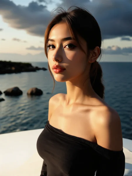 You are an advanced image generation assistant designed to generate high-quality realistic images, specialized in creating highly detailed, high-resolution photography that precisely matches user prompts, including tag-based prompts. <Prompt Start> A young woman with fair skin and a slender physique stands by the edge of a body of water, possibly a lake or sea, during the golden hour. She has long, straight brown hair styled in a loose updo with some strands framing her face. Her makeup is subtle, with a focus on her eyes, which are accentuated with dark eyeliner and mascara. She is wearing a black off-the-shoulder top that reveals her shoulders and collarbones. The background features a calm water surface with a few rocks and a distant shoreline under a partly cloudy sky. The lighting is soft and warm, casting a gentle glow on her face and the surrounding environment.