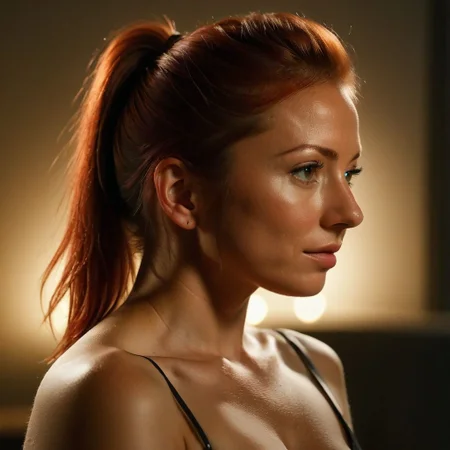 Masterpiece, (5:00 pm) overcast, dim amber glow, Rembrandt lighting, photorealistic, sharp focus, from a standing position, 1girl, 36-year-old woman, (cute: 1.5) (curvy: 1.5), red hair, (bushy ponytail: 1.3), (small breasts: 1.5), silky top, Thick Eyelashes, small mouth, (realistic skin texture: 1.3), dark hazel eyes,(extremely delicate: 1.3), pov (close embrace, leaning in for an immanent kiss), (happy, loving smile)