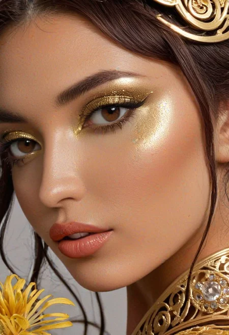 ultra realistic, high quality, 8K, <lora:rileyreid_SDXL_v1_1:0.85> RiLeY, black african raven dark skinned girl, beautiful face, miss world, (21 year old girl), (small lips:1.5), ((large white teeth)), (small nose:1.5), (((gold glasses))), (dark auburn hair), (small hips:1.5), (long arms:1.5), (long legs:1.5), (hands over head), <pureerosface_v1:0.3>, (detailed small face), daring, looking amused, voluminous hair, diamond tiara, (huge hair bun), (thin brows), cameltoe, (((bright amber eyes))), photo In the spirit of Gustav Klimt gold patterns, in the spirit of alphonse mucha zodiac circle symbolism, the image comes alive with intricate patterns, RiLeY standing at the center, adorned in a gown that seems to weave seamlessly with the ornate swirls and geometric shapes reminiscent of Klimt's iconic The Kiss, The embellishments dance around the RiLeY figure, creating an aura of opulence, RiLeY pose is inspired by flowing lines and curves in Alphonse Mucha art nouveau. Her silhouette echoes the elegance of Alphonse Mucha muses, with cascading hair, adorned with delicate golden flowers and vines that intertwine with the patterns, highly detailed, ((looking at viewer)), ((massive candle lightning)), ((sunset light)), ((close softbox light, front light)), ((large breasts:0.85), ((breasts cutout)), <lora:JapaneseDollLikeness_v15:1>