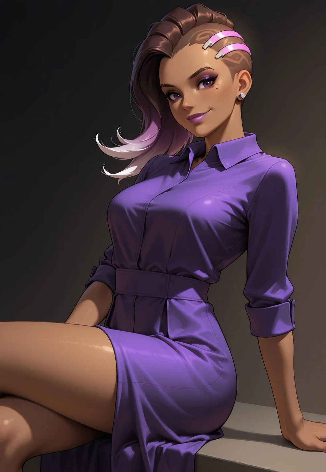 masterpiece, best quality, dark theme, 1girl, from angle, medium breasts,
sombra \(overwatch\), dark-skinned female, undercut, two-tone hair, purple hair, brown hair, purple eyes, makeup, lipstick, overwatch, earrings, mole under eye, looking at viewer,smile, xsombrax, collared dress, purple dress, sitting, calves, thighs