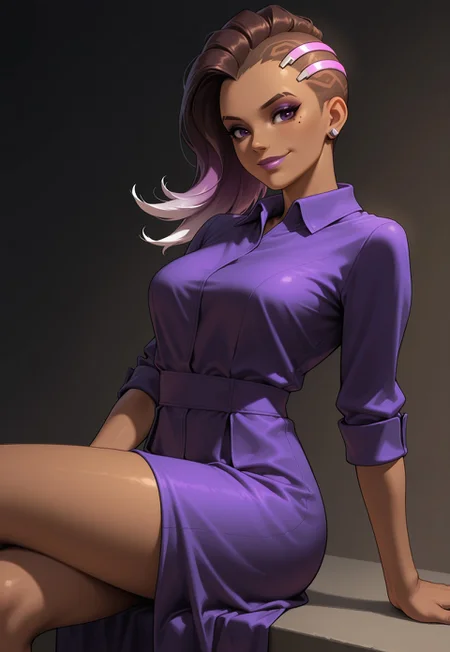 masterpiece, best quality, dark theme, 1girl, from angle, medium breasts,
sombra \(overwatch\), dark-skinned female, undercut, two-tone hair, purple hair, brown hair, purple eyes, makeup, lipstick, overwatch, earrings, mole under eye, looking at viewer,smile, xsombrax, collared dress, purple dress, sitting, calves, thighs
