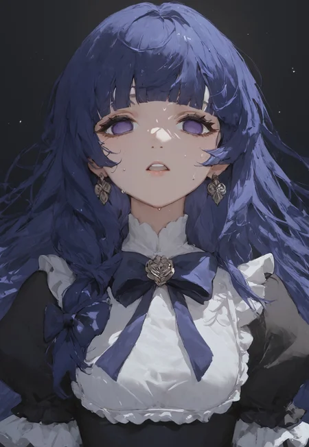 zPDXL3, score_9, score_8_up, score_7_up, ASCII, masterpiece,frederica bernkastel, umineko no naku koro ni, 1girl, black background, black dress, blue hair, blunt bangs, bow, dress, empty eyes, expressionless, frilled dress, frills, hair over shoulder, long hair, looking at viewer, puffy sleeves, purple eyes, solo, straight hair, close up face, sweaty, show teeth
