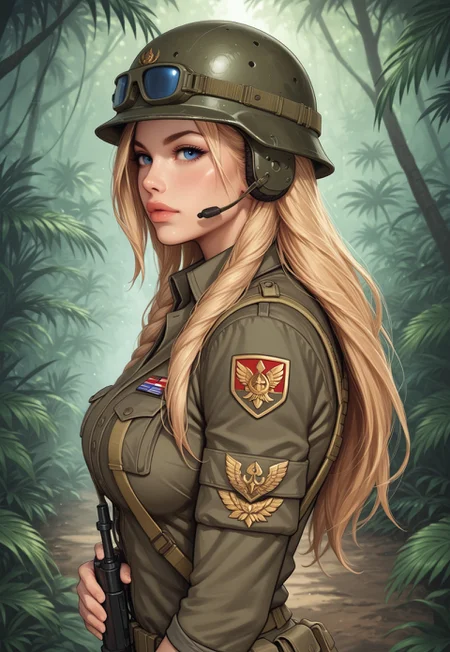 safe_pos, Curvy female soldier, athletic build, pale skin, camo full gear, Spec Ops outfit, Army helmet, toned stomach, long hair flowing in the wind, long muscular legs, ultra detailed beautiful face, full body, dynamic action pose, big bright blue eyes, holding a big plasma pistol, standing in a dense jungle with lush greenery, surrounded by tall trees and thick underbrush, sunlight filtering through the canopy, creating dramatic shadows, with a distant view of a rugged mountain range, score_7_up, rating_explicit, Expressive, (upper body:1.8), dynamic pose. ((side view))
(((full-clothed))),
<lora:add-detail-xl:1>
<lora:Dynamic Poses:1>