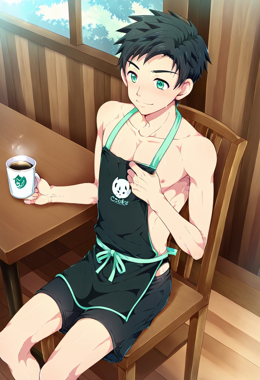 yuto_umemura, black hair, short hair, mint green eyes, 1boy, solo. male focus, shirtless, black swim trunk, wear black apron, at cafe, offering a coffee, sit on chair, smile, undress apron