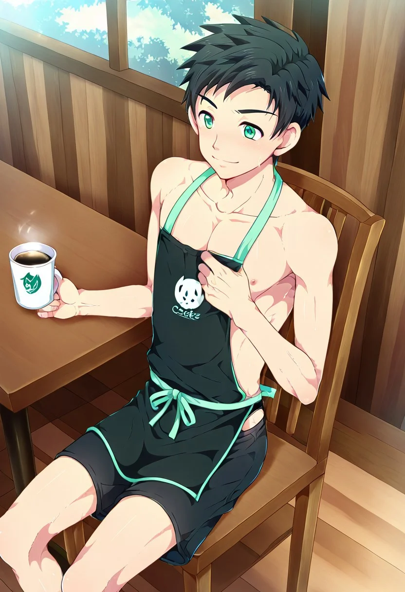 yuto_umemura, black hair, short hair, mint green eyes, 1boy, solo. male focus, shirtless, black swim trunk, wear black apron, at cafe, offering a coffee, sit on chair, smile, undress apron