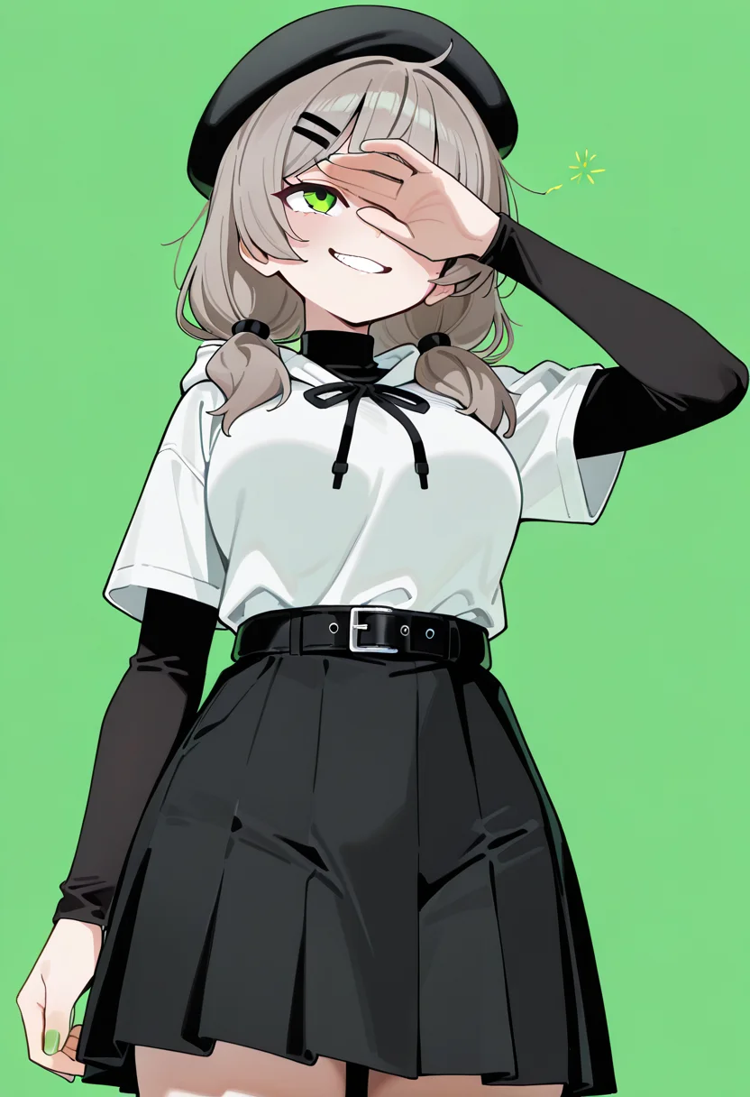 masterpiece, best quality, amazing quality, 1girl, [wagashi \(dagashiya\), mx2j], hotate-chan, (yd \(orange maru\):0.7), (sincos:0.6), brown hair, grey hair, medium hair, low twintails, black hairclip, hair tie, bangs, green eyes, black beret, black shirt, turtleneck shirt, white hoodie, black neck ribbon, multicolored sleeves, short over long sleeves, black sleeves, black skirt, belt buckle, black belt, shirt tucked in, simple background, green background, from below, cowboy shot, standing, arm at side, medium breasts, facing down, ((facepalm)), one eye covered, facing down, looking up, evil grin, glowing eyes, v-shaped eyebrows, open hand, green nails
