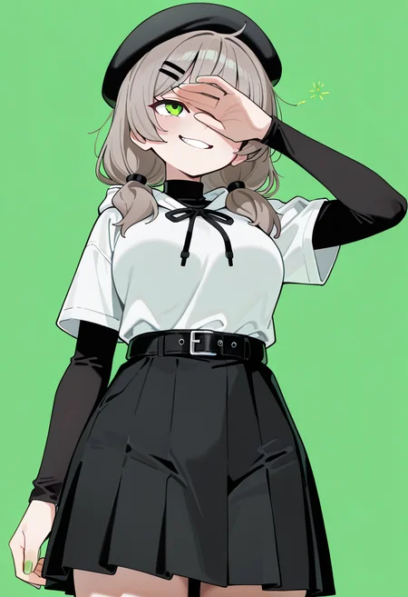 masterpiece, best quality, amazing quality, 1girl, [wagashi \(dagashiya\), mx2j], hotate-chan, (yd \(orange maru\):0.7), (sincos:0.6), brown hair, grey hair, medium hair, low twintails, black hairclip, hair tie, bangs, green eyes, black beret, black shirt, turtleneck shirt, white hoodie, black neck ribbon, multicolored sleeves, short over long sleeves, black sleeves, black skirt, belt buckle, black belt, shirt tucked in, simple background, green background, from below, cowboy shot, standing, arm at side, medium breasts, facing down, ((facepalm)), one eye covered, facing down, looking up, evil grin, glowing eyes, v-shaped eyebrows, open hand, green nails