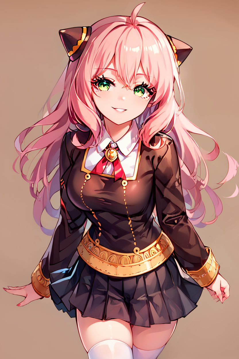 score_9, score_8_up, score_8, medium breasts, (curvy), cute, eyelashes,      ,,,   zzAnya, green eyes, hair between eyes, ahoge, pink hair, long hair, hair ornament, hairpods, smile, leaning forward, head tilt, finger on lips, detailed eyes, long sleeves, dress, school uniform, white shirt, pleated skirt, collared shirt, miniskirt, black skirt, black dress, white thighhighs, red ribbon, zettai ryouiki, neck ribbon, gold trim,  <lora:AdultAnyaPDXL:1.0>,   ,,, smile, looking at viewer,  ,,, embedding:zPDXL, Expressiveh, <lora:CatalystStylePDXL:0.6>,  <lora:SDXLFaeTastic2400:0.5>,  <lora:Expressive_H-000001:0.4>,