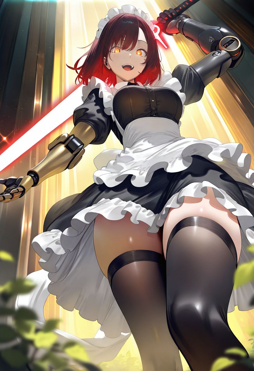 masterpiece, best quality, amazing quality, very aesthetic, absurdres, <lora:SET(illust)0.1v:1>,
lens flare, light particles, cinematic, extremely exquisite female facial description, year 2023,blurry foreground, ray tracing, cinematic lighting, 1girl, solo, looking at viewer, smile, open mouth, short hair, brown hair, black hair, dress, thighhighs, holding, weapon, red hair, teeth, black thighhighs, sword, holding weapon, black dress, apron, orange eyes, maid, maid headdress, glowing, holding sword, from below, glowing eyes, maid apron, mechanical arms, cyborg, single mechanical arm, glowing weapon, glowing sword, blurry foreground, leaves,